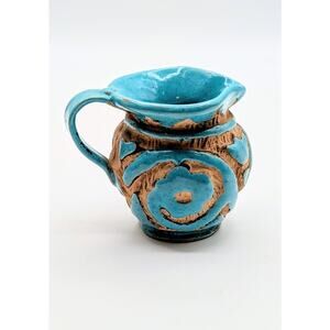 Vtg 50s Italian SACA Sgraffito Art Pottery Aqua Glaze Hand Painted Mini Pitcher